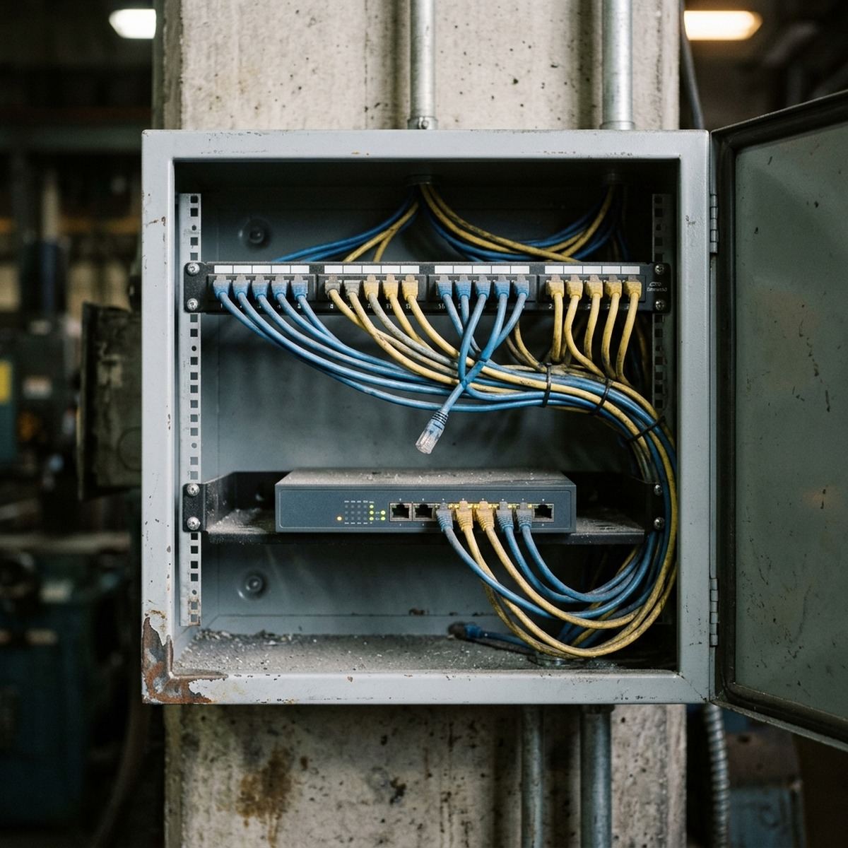 Close-up of a patch panel and network switch inside a dusty industrial wall enclosure.