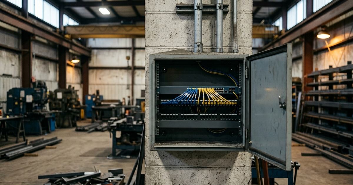 Open network enclosure mounted to a concrete column inside a working metal fabrication shop.